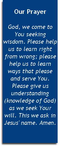 
Our Prayer

God, we come to You seeking wisdom. Please help us to learn right from wrong; please help us to learn ways that please and serve You. Please give us understanding (knowledge of God) as we seek Your will. This we ask in Jesus' name. Amen. 
