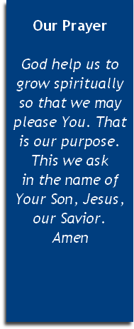 
Our Prayer

God help us to grow spiritually 
so that we may please You. That is our purpose. This we ask 
in the name of Your Son, Jesus, our Savior. 
Amen


 