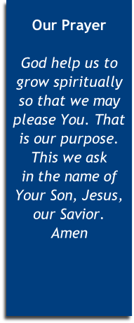 
Our Prayer

God help us to grow spiritually 
so that we may please You. That is our purpose. This we ask 
in the name of Your Son, Jesus, our Savior. 
Amen


 

