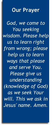 
Our Prayer

God, we come to You seeking wisdom. Please help us to learn right from wrong; please help us to learn ways that please and serve You. Please give us understanding (knowledge of God) as we seek Your will. This we ask in Jesus' name. Amen. 

